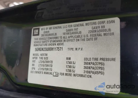 2006 Hummer H2 Suv z USA, uszkodzony, nr VIN 5GRGN23U86H117571